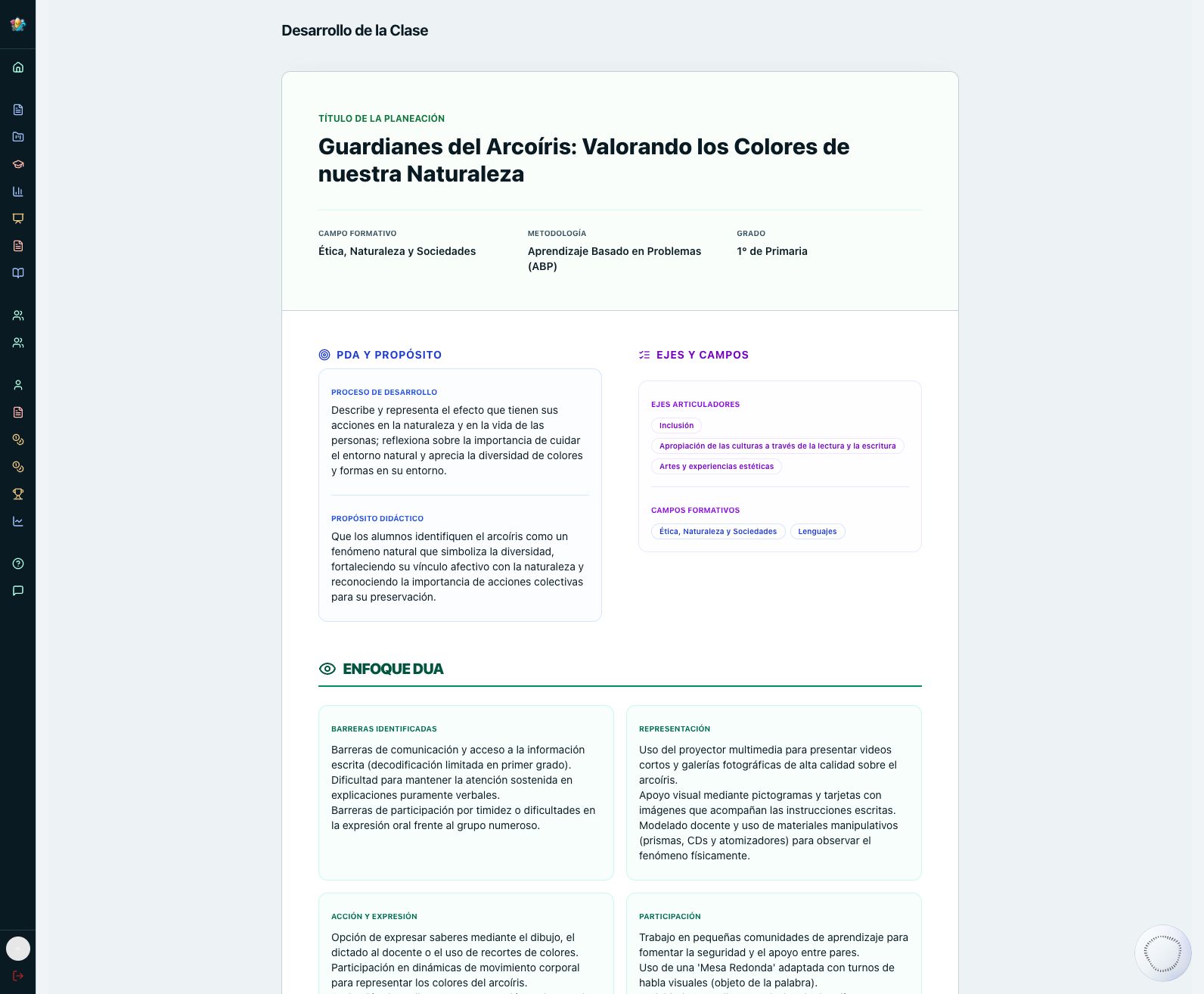 Planeación real Guardianes del Arcoíris: título, campo formativo, metodología, grado, PDA y propósito.